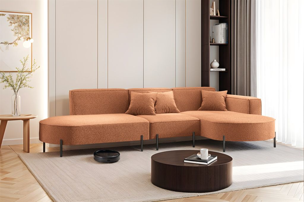 Ecksofa Designersofa VALENCIA in Stoff Quelle Ziegelbraun Ottomane Rechts