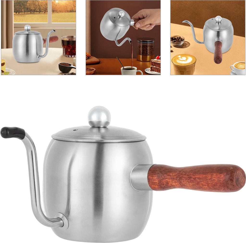 Kaffeekessel Schwanenhals Kaffeekannen Edelstahl-Wasserkocher mit Holzgriff (Silber)