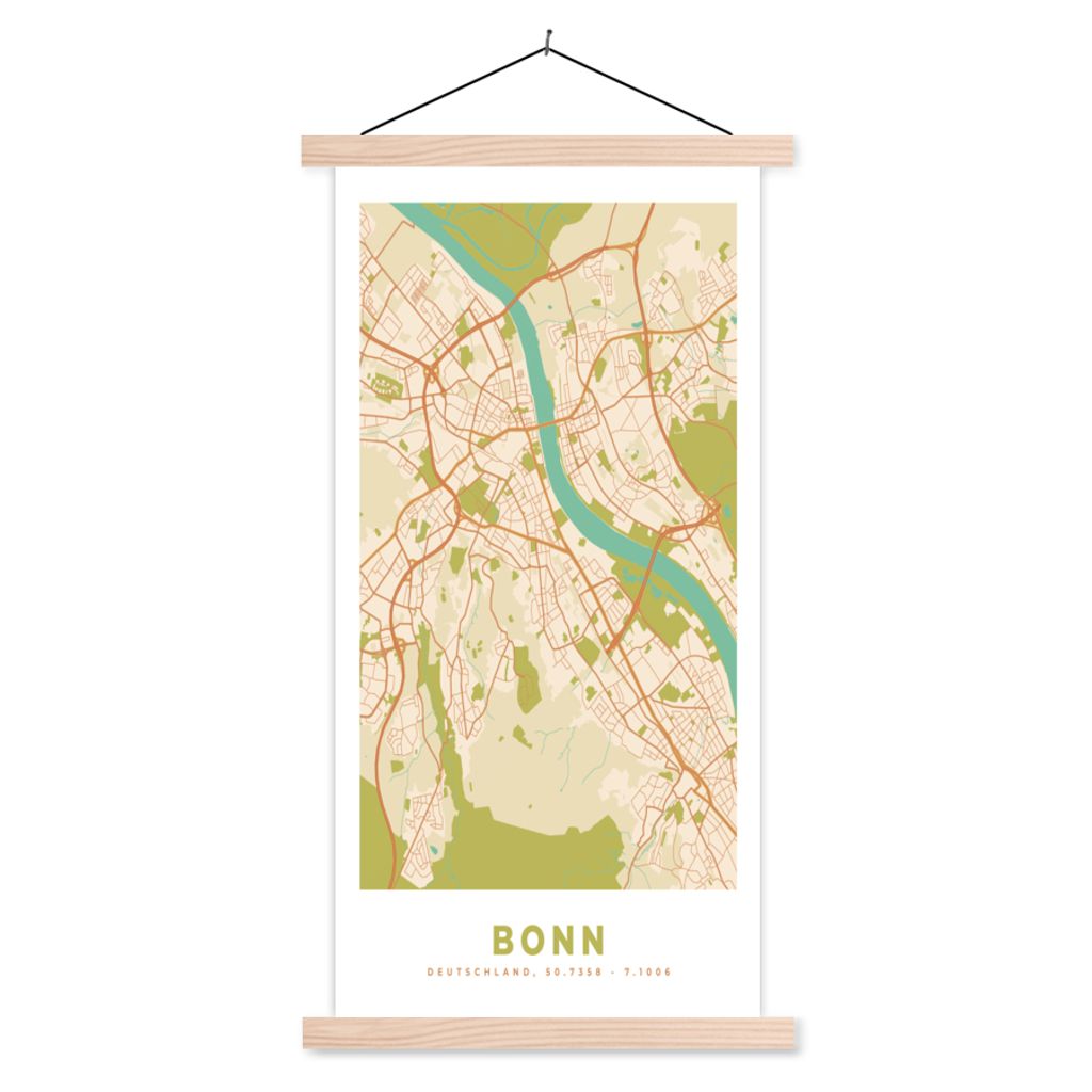 MuchoWow Textilposter Karte - Bonn - Karte - Vintage - Stadtplan 40x80 cm mit holzfarbenen Rahmen - Wohnzimmer