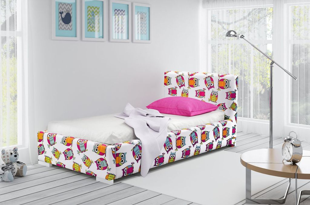 Gepolstertes Kinderbett 90x200 MOANA - Eulen / Weiß