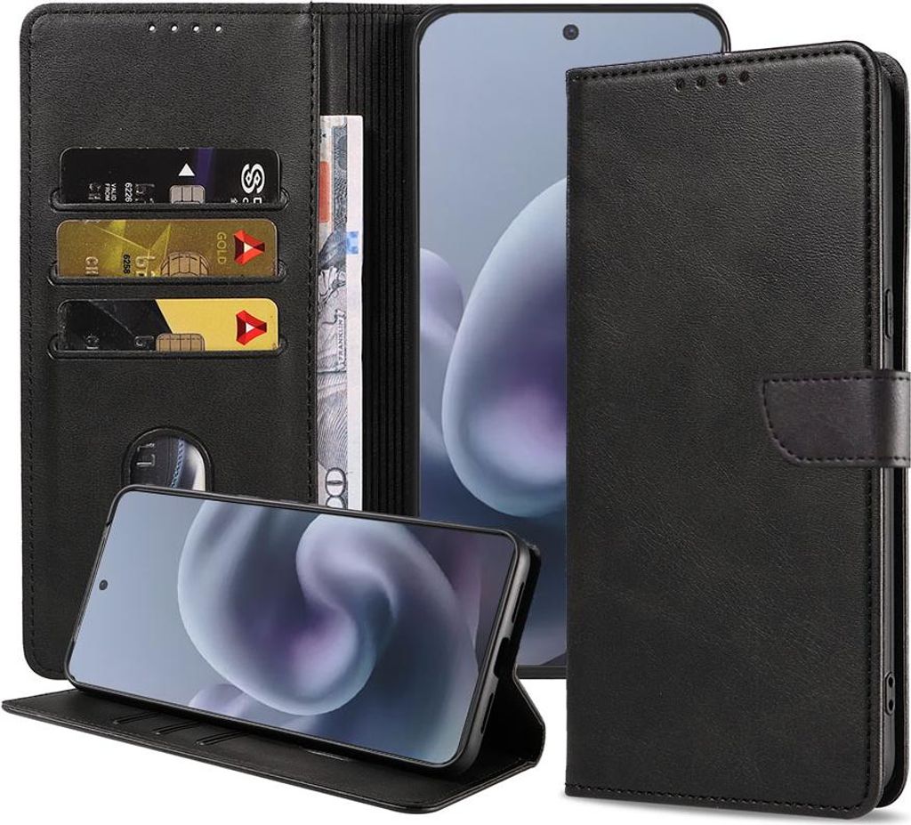 Geeignet für Motorola Moto G86 Handytasche Kunstleder mit Magnetlippe und Kartenhalter Buchhülle mit Klappe - Wallet Case mit Kartenfach - Schwar...
