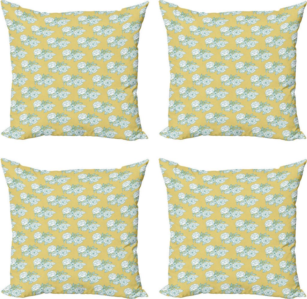 ABAKUHAUS Blumen Kissenbezug Set (4 Stück), Grafische Bilder von Bouquets, Moderner Doppelseitiger Digitaldruck, 40 cm x 40 cm, Gelb / Blau
