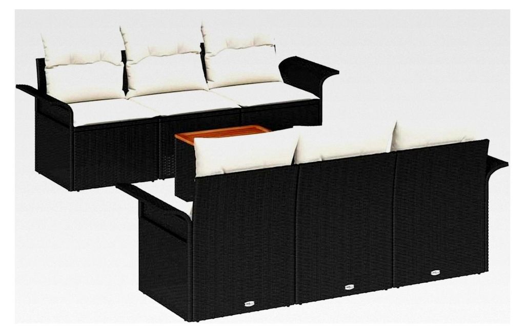 7-teiliges Garten-Sofa-Set mit Kissen in Schwarz aus Poly Rattan und Akazienholz für den Außenbereich