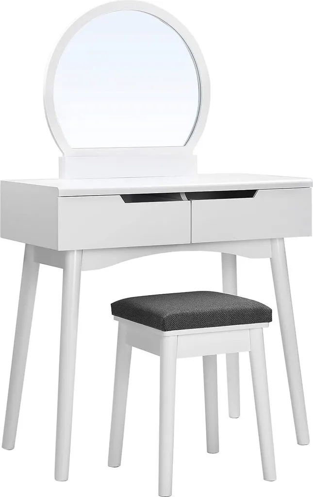 Meuble Coiffeuse avec Miroir Rond et Tabouret Rembourré pour la Chambre