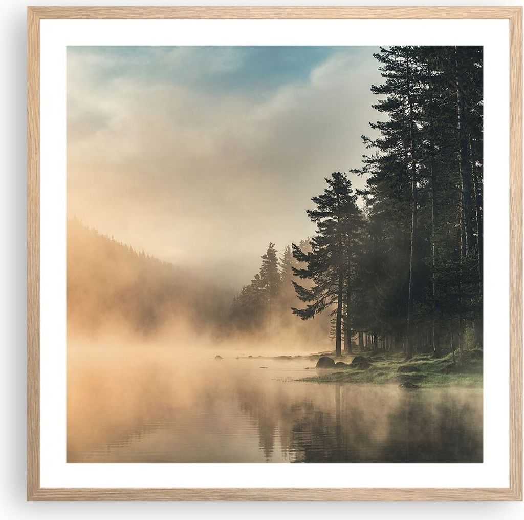 Gerahmtes Poster - Rahmen in heller Eiche - Nebel See Wald - 60x60 cm - Wand Bild - Wanddeko - Wandbilder - Kunstposter - Wandposter - Bilderrahmen...