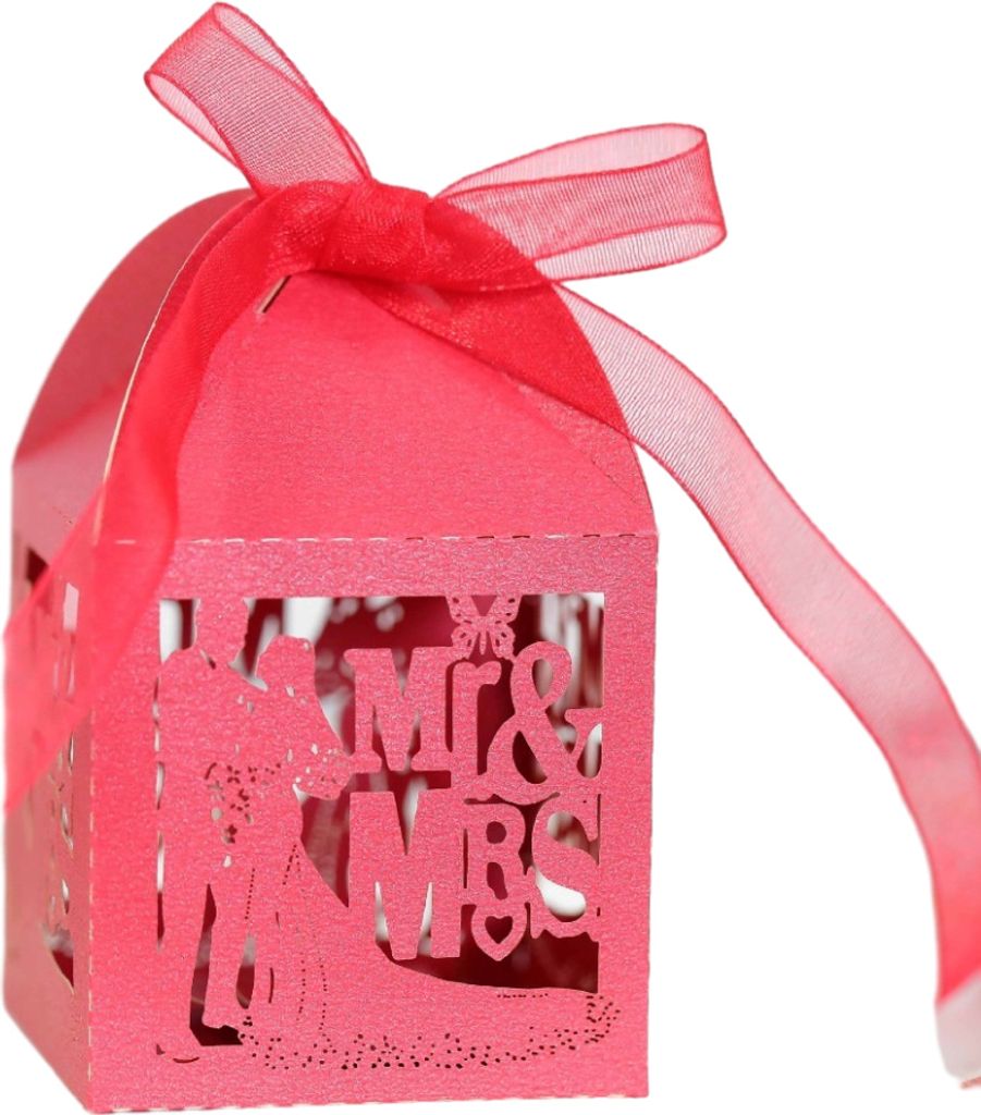 50 Pack Laser Cut Mr & Mrs Square Favor Boxen für Hochzeit Brautparty, Hochzeit Party Dekoration Schokolade Süßigkeiten Boxen mit Band
