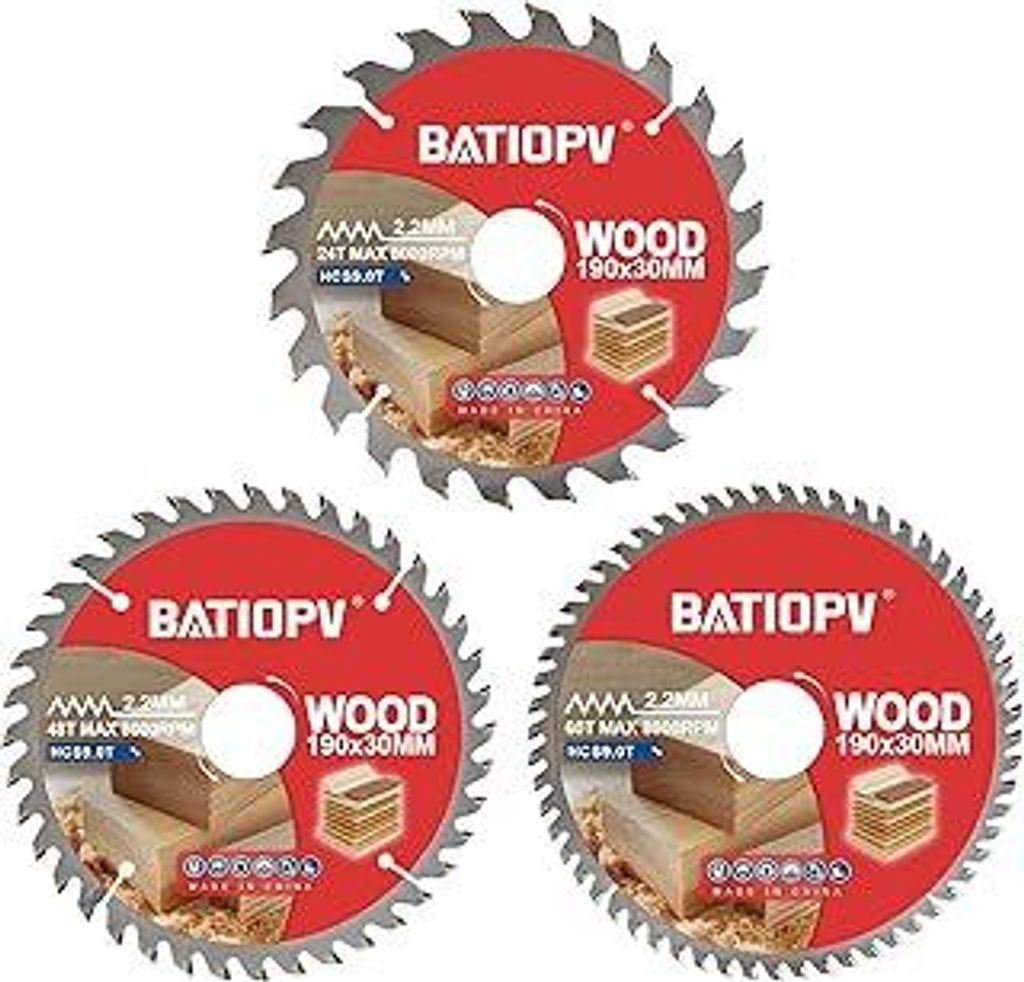 BATIOPV Kreissägeblatt 190 x 30 mm (24/48/60 Zähne) 3-teilig (für Holz, Spanplatten, Sperrholz, Hartholz, usw.) | Kompatibel mit Dewalt Makita B...