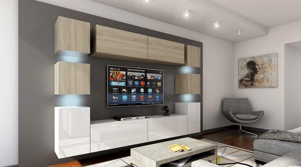 Furnitech Wohnwand Wohnzimmer - Wohnzimmer Möbel mit LED RGB - 16 Farben - Hängend Wohnwand Modern - Regale und TV Schrank (Future 14_HGM_WS_13 1...