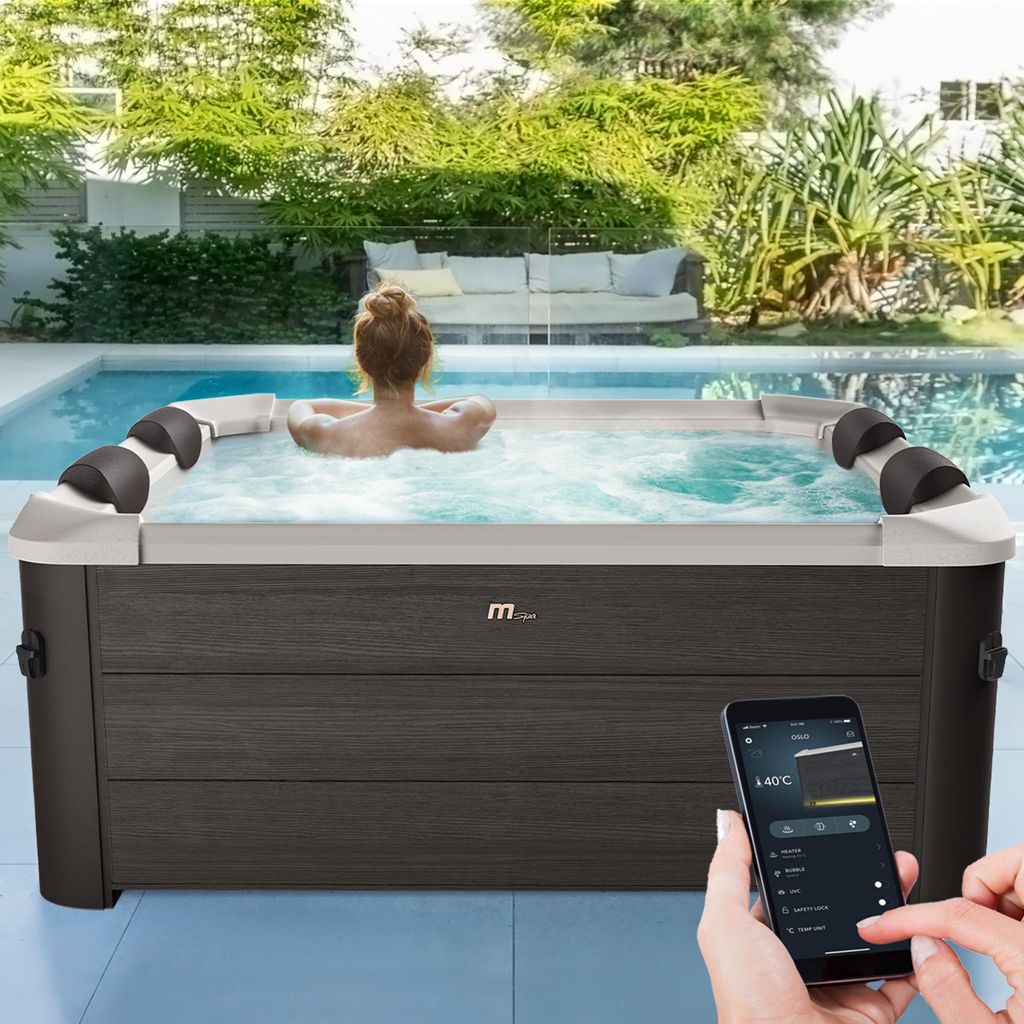 Miweba MSpa Outdoor Whirlpool Frame Tribeca | 6 Personen - App Steuerung - Holzoptik - Feste Außenwand - Jacuzzi - UVC+ - Winterfest - 160x160x65cm