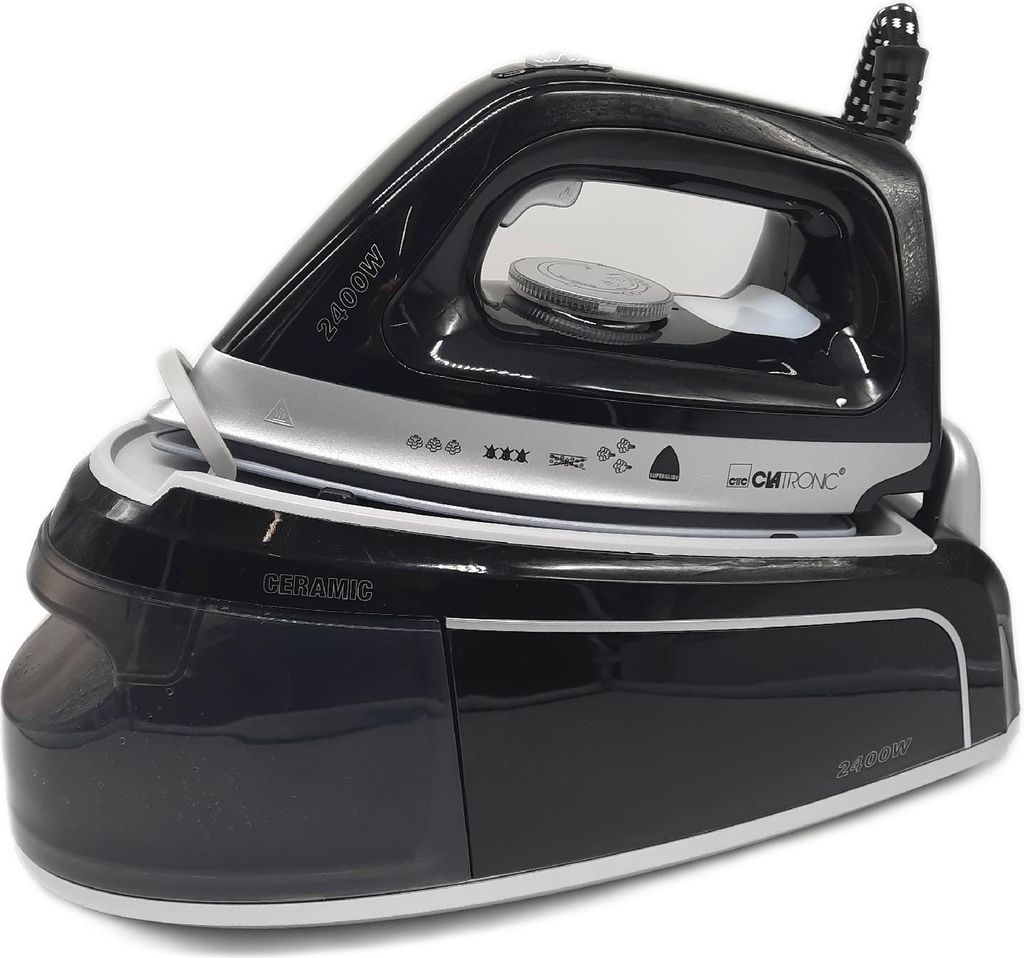 A black and silver steam iron station with a transparent water tank, set against a white background.