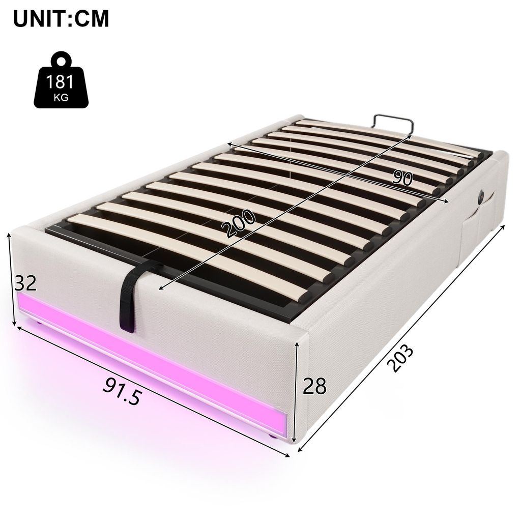 Łóżko pojedyncze LED 90x200, lniany wygląd, pilot LED, Zdjęcie produktu 