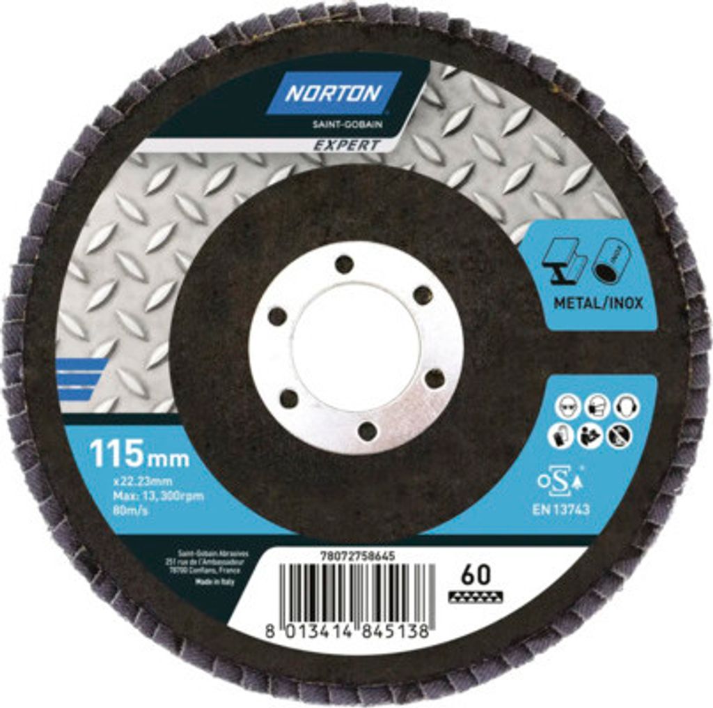 Expert Fächerschleifscheibe Norton Metal/Inox Ø 115x22,23 mm Korn 60, 10 Stück