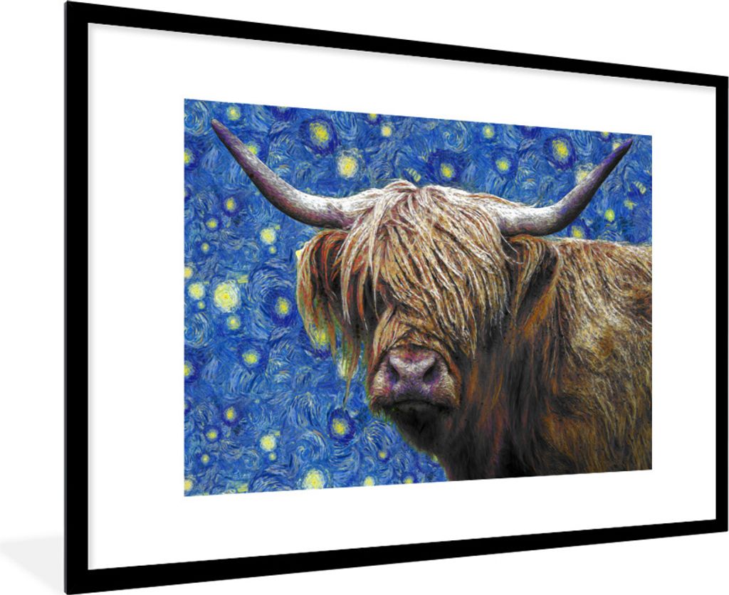 MuchoWow Gerahmtes Poster Scottish Highlander - Sternennacht - Van Gogh 90x60 cm - Poster mit Schwarzem Bilderrahmen Wandposter Rahmen Foto Bilde...