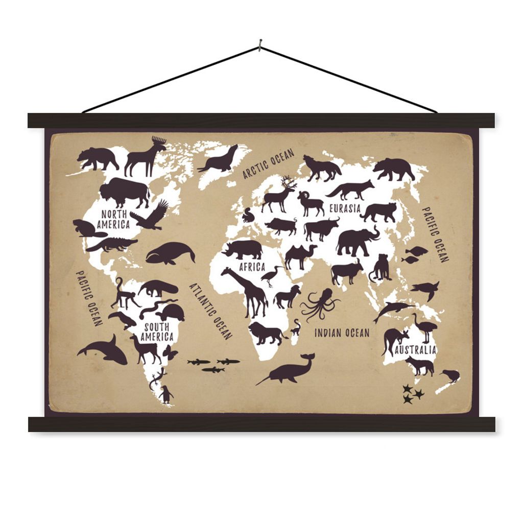MuchoWow Textilposter Weltkarte - Tiere - Braun 90x60 cm mit schwarzem Rahmen - Aufhängungssatz