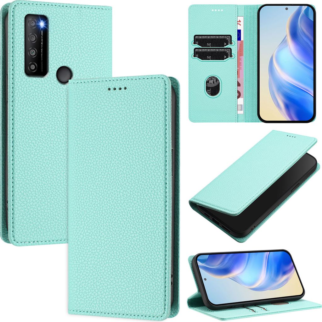 Litchi Leder Handyhülle für TCL 30 XL Wallet Kartenfächer Standfunktion Hülle Türkis