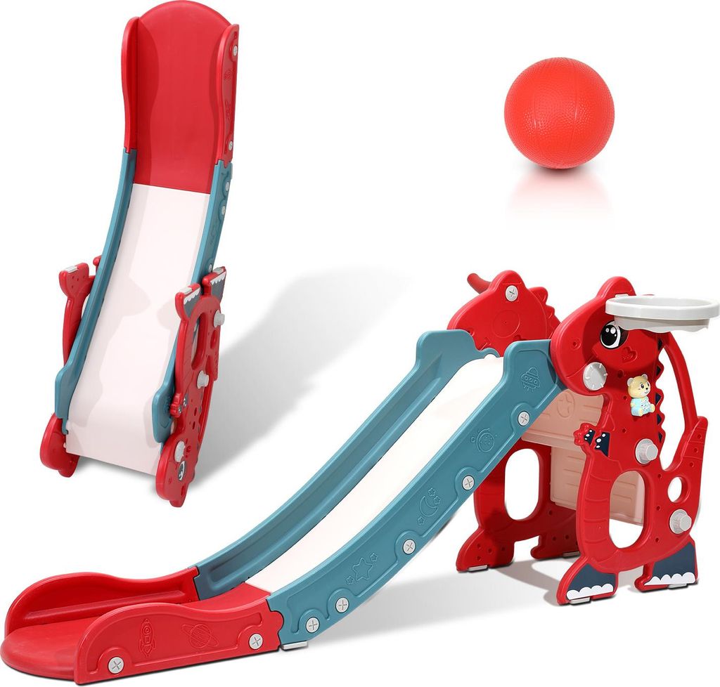 Izrielar Kinderrutsche 4-in-1 Klappbar Gartenrutsche Spielplatz mit Basketballkorb und Wurfring Englisch-Lerngerät Rot