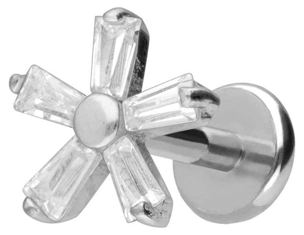 Ohrpiercing, Nasenpiercing Titan Labret mit Push Fit KRISTALLBLUME Silber Stablänge: 6mm | Stabstärke: 1mm