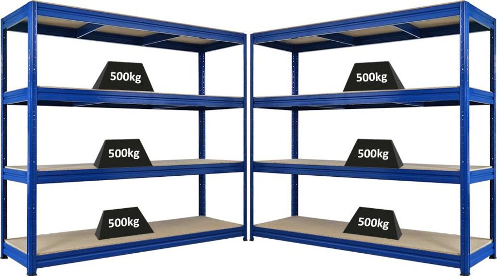 Mega Deal | 2x Schwerlastregal DINO | HxBxT 180x200x60cm | 4 Spanplatten-Ebenen 16mm | Fachlast 500kg | Blau