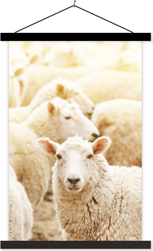 MuchoWow Textilposter Schaf - Wolle - Weiß 60x90 cm mit schwarzem Rahmen - Poster Wohnzimmer