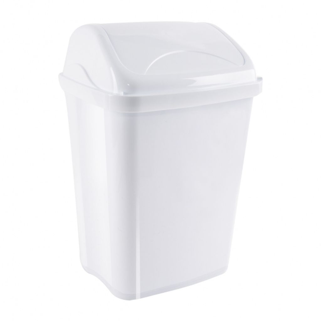 A white trash can with a flip lid, shown from the front.