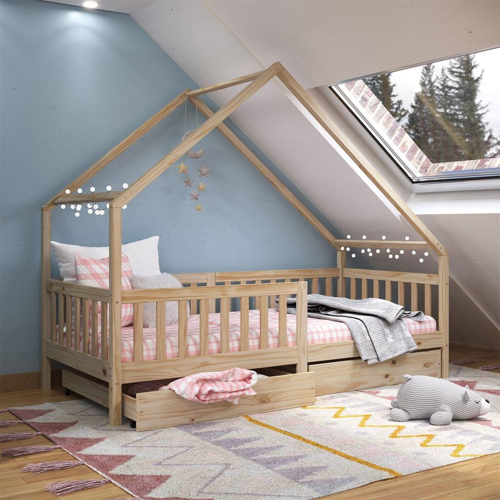 Hausbett ALVA 90x190cm aus Massivholz, Natur - Kinderbett mit Dach, Tipibett mit Schubladen, Kinderzimmer Bett, Bodennahes Bett Montessori, ideal f...