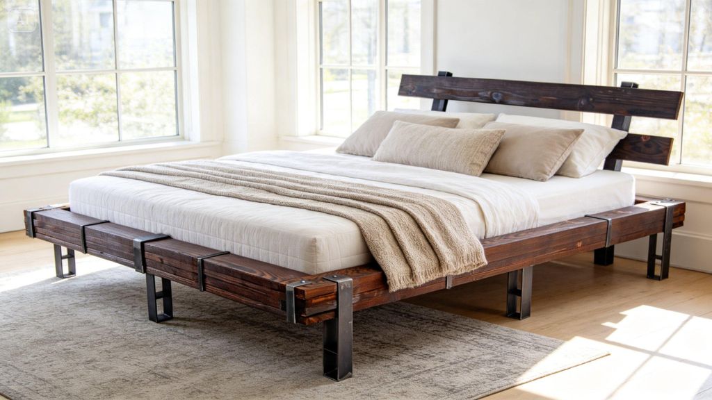 CHYRKA Massivholzbett (Natur, 200x200 cm) LEMBERG Balkenbett Bett Doppelbett Massivholz Loft Vintage Industrie Design Handmade Holz Metall