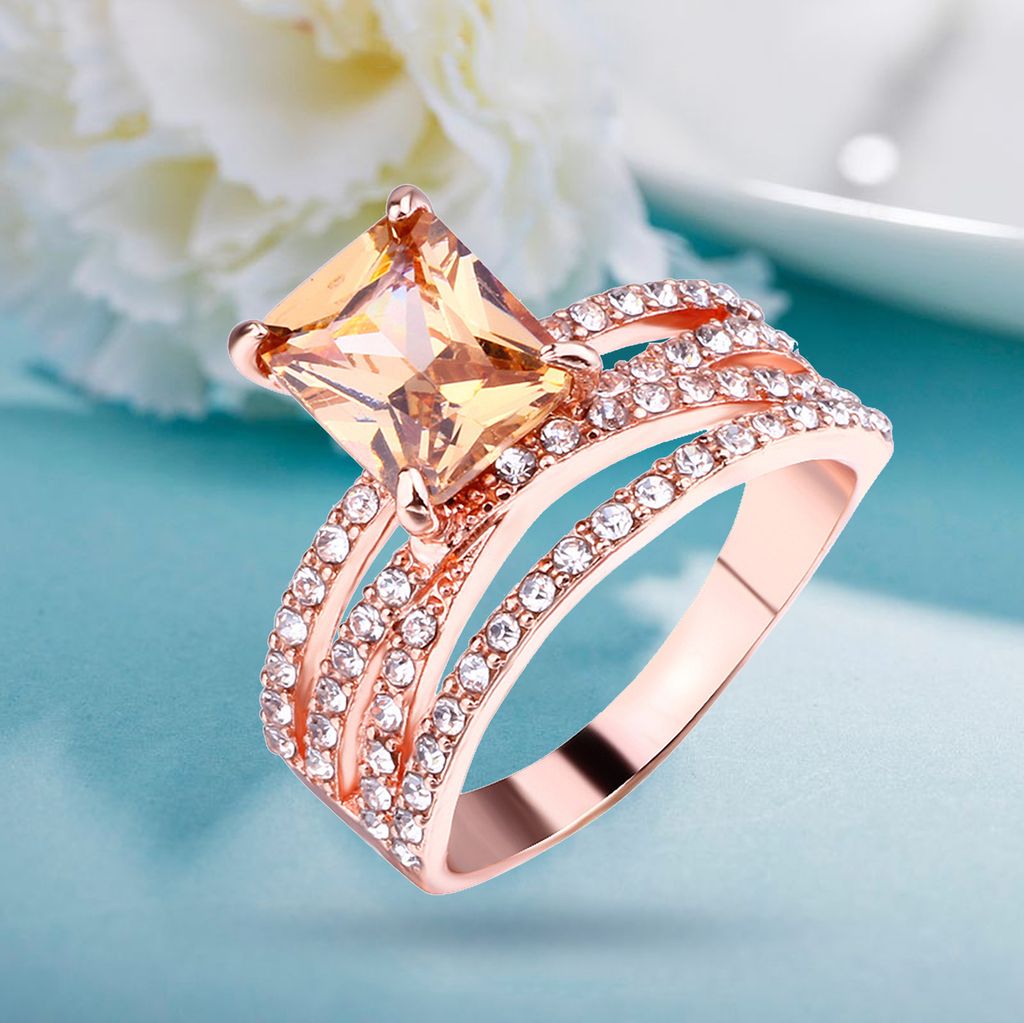 Fingerringe, galvanisiert, feine Verarbeitung, Strass-Dekor, mehrschichtiger quadratischer Schmuckring für Hochzeit-Roségold,US 10