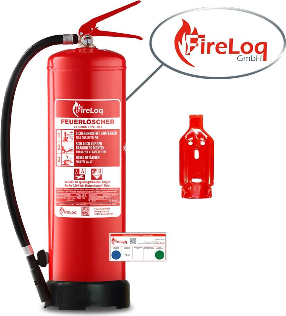 FireLoq 6L Schaum Feuerlöscher für Brandklasse AB mit 27A | 233B ergibt 9LE Dauerdruck inkl. Prüfnachweis,Wandhalter und Manometer