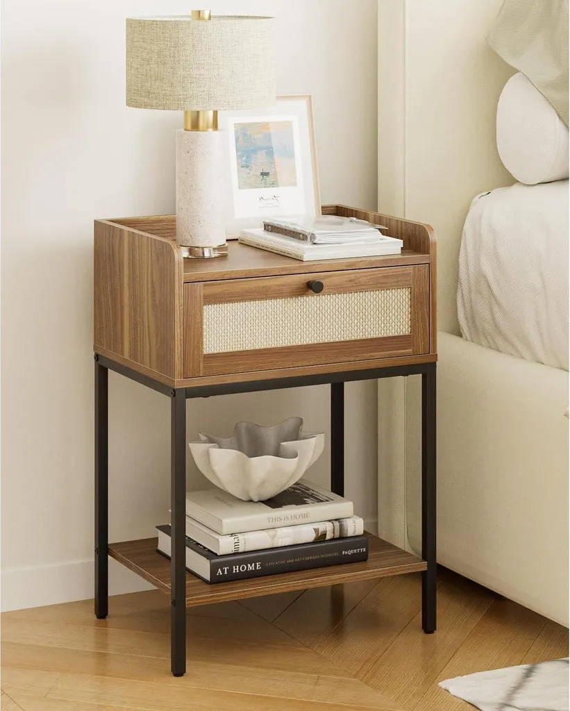 Table de Chevet Style Vintage avec Cannage en Rotin et Finition Noyer Chic