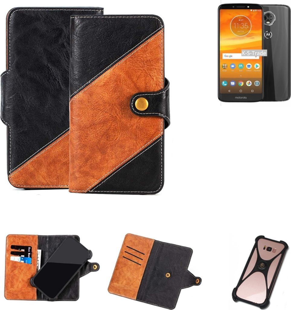 K-S-Trade Handyhülle Schutzhülle Bookstyle Case Wallet-Case kompatibel mit Motorola Moto E5 Handy Cover Bumper Klapphülle schwarz hellbraun 1x