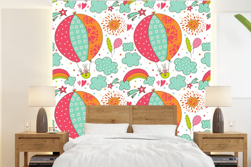 MuchoWow Fototapete für Wohnzimmer oder Schlafzimmer Wandtapete Vinyl Motivtapete Kaninchen - Schnittmuster - Baby - 240x260 cm - Tapezier Papier