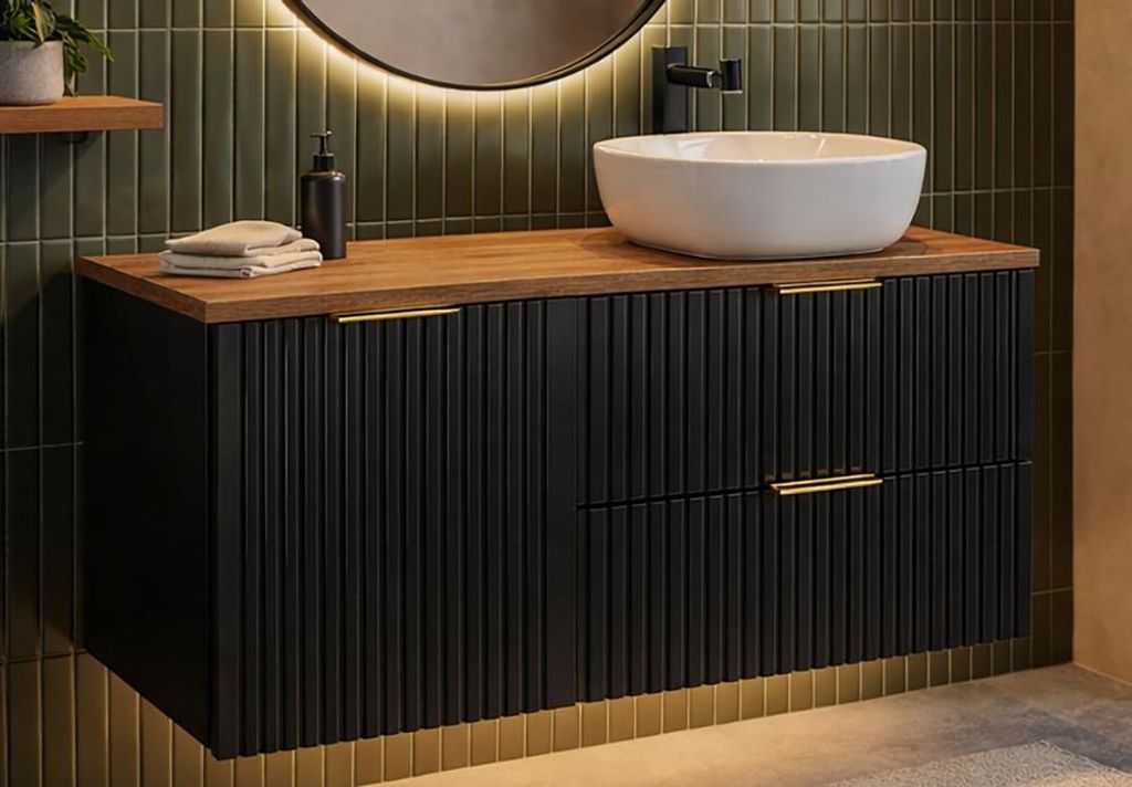 Badezimmer Waschtisch mit 100 cm Breite in schwarz und Eiche, 1 Klappe mit Wäschekorb & 2 Schubladen - ADELAIDE-56-BLACK