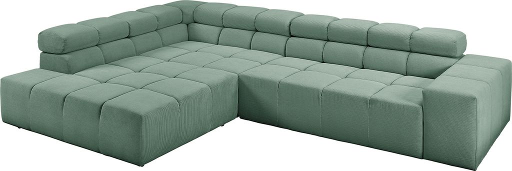 KAWOLA Sofa NEVADA Ecksofa Feincord grün mit motorischem Sitzvorzug Recamiere links
