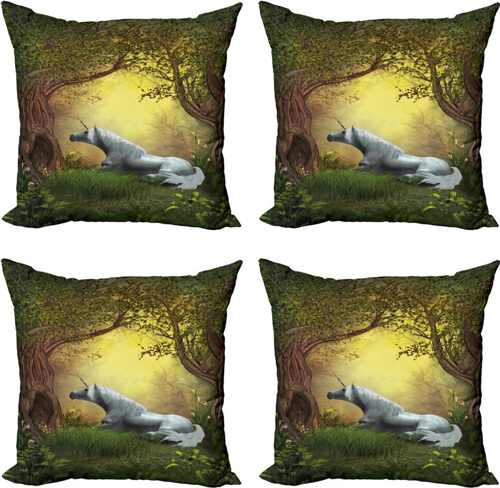 ABAKUHAUS Einhorn Kissenbezug Set (4 Stück), Fantasy Forest, Moderner Doppelseitiger Digitaldruck, 60 cm x 60 cm, Grün Weiß
