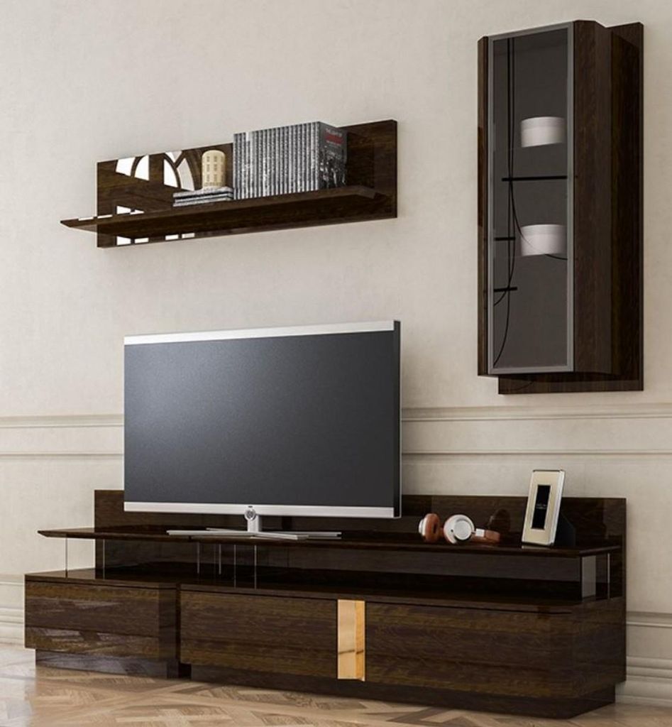 Casa Padrino Luxus Wohnzimmer TV Schrank Set Braun / Grau / Gold - 1 TV Schrank & 1 Hängeschrank & 1 Wandregal - Edles Wohnzimmer Möbel Set - Lux...