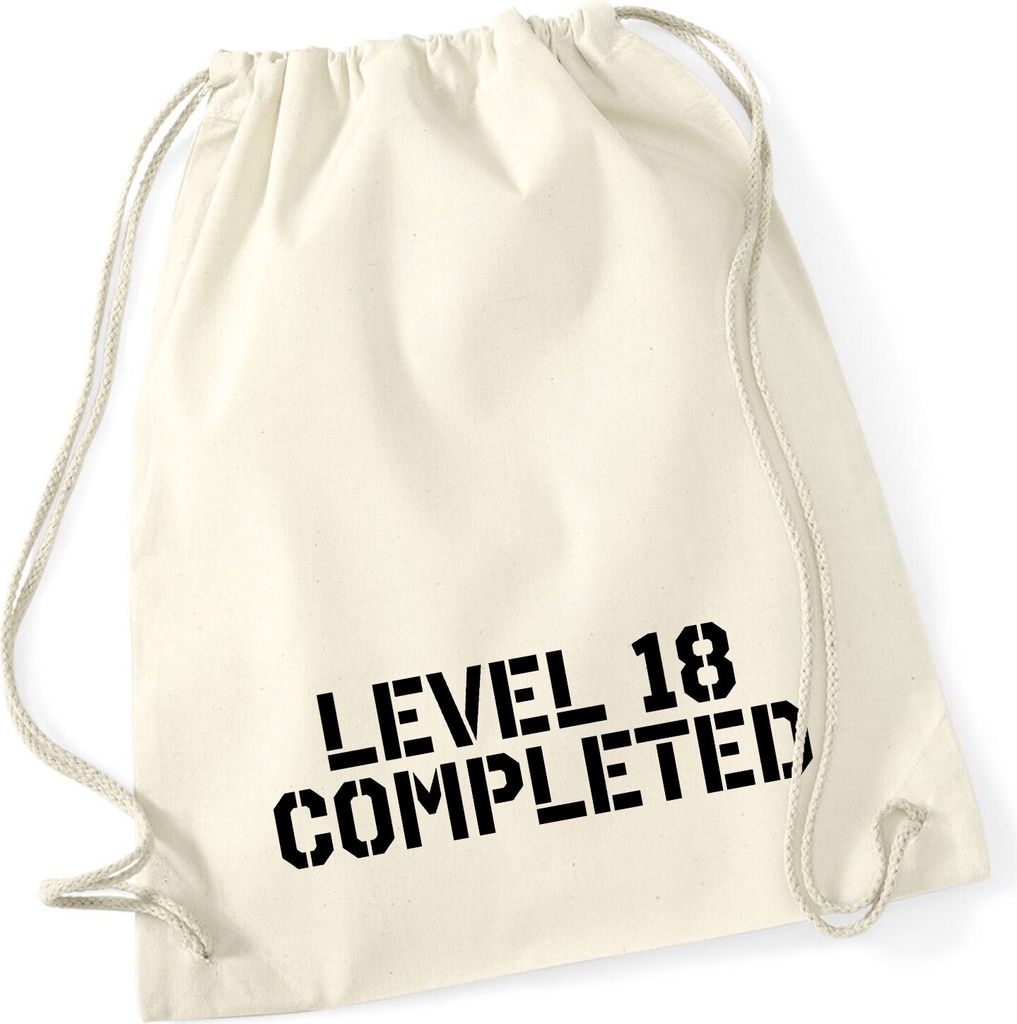 Huuraa Turnbeutel Level 18 Completed 12 Liter Natural Baumwolle Rucksack Geschenkidee