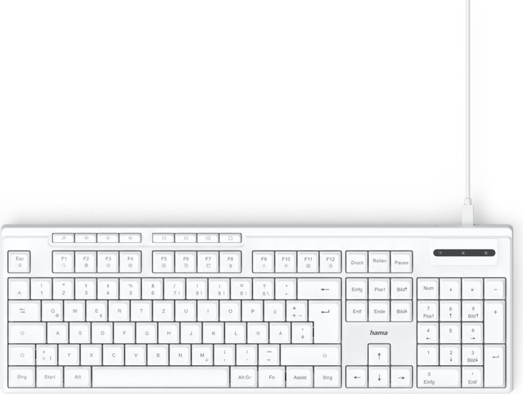 A white wired keyboard is shown from a top-down perspective against a plain white background.