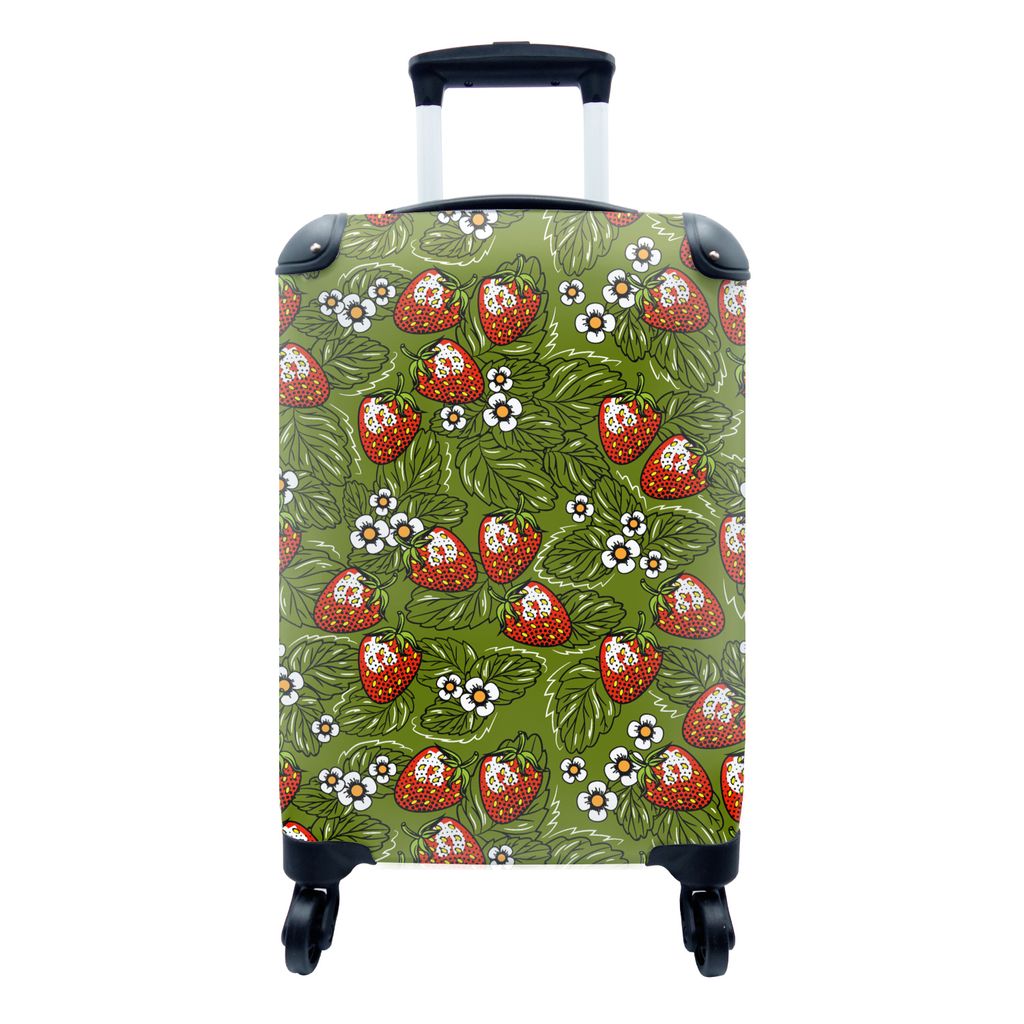 MuchoWow Koffer Handgepäck Trolley Rollkoffer Kleine Reisekoffer mit 4 Rollen - Blumen - Erdbeere - Blätter - Vegan - Muster - Cabin Size < 55x...