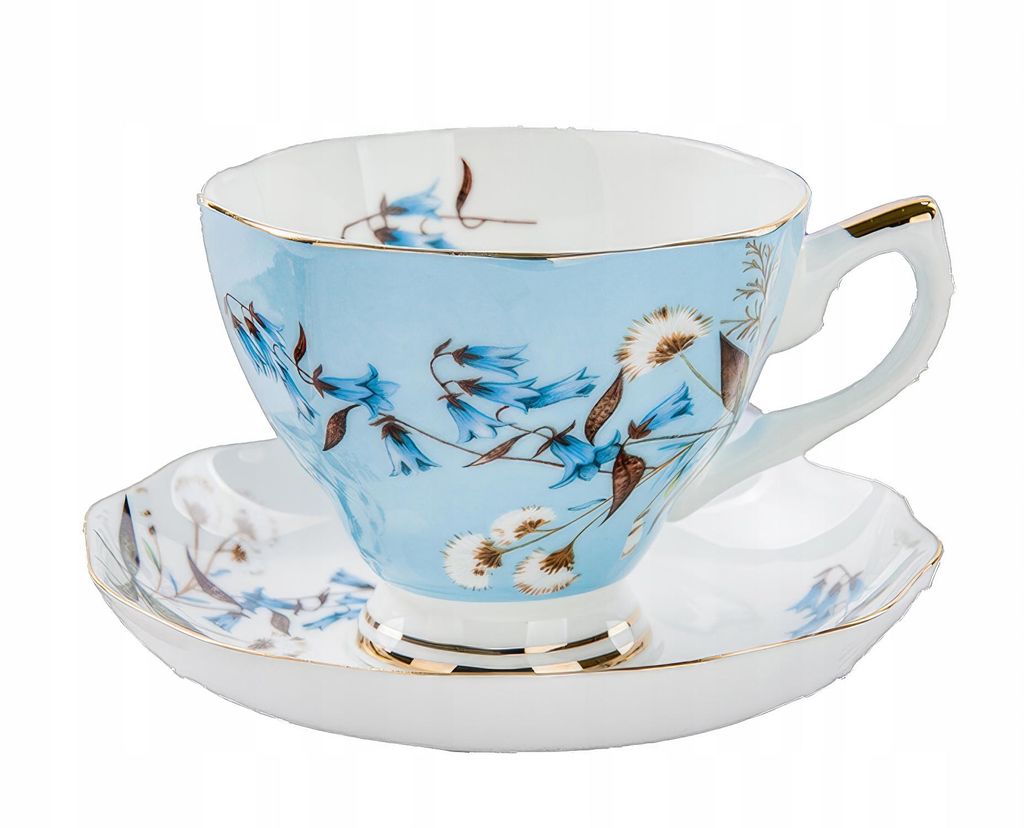 Kaffeetasse mit Untertasse 220 ml – Feines Bone China Porzellan, Blaues Blumenmuster, Geschenkverpackung