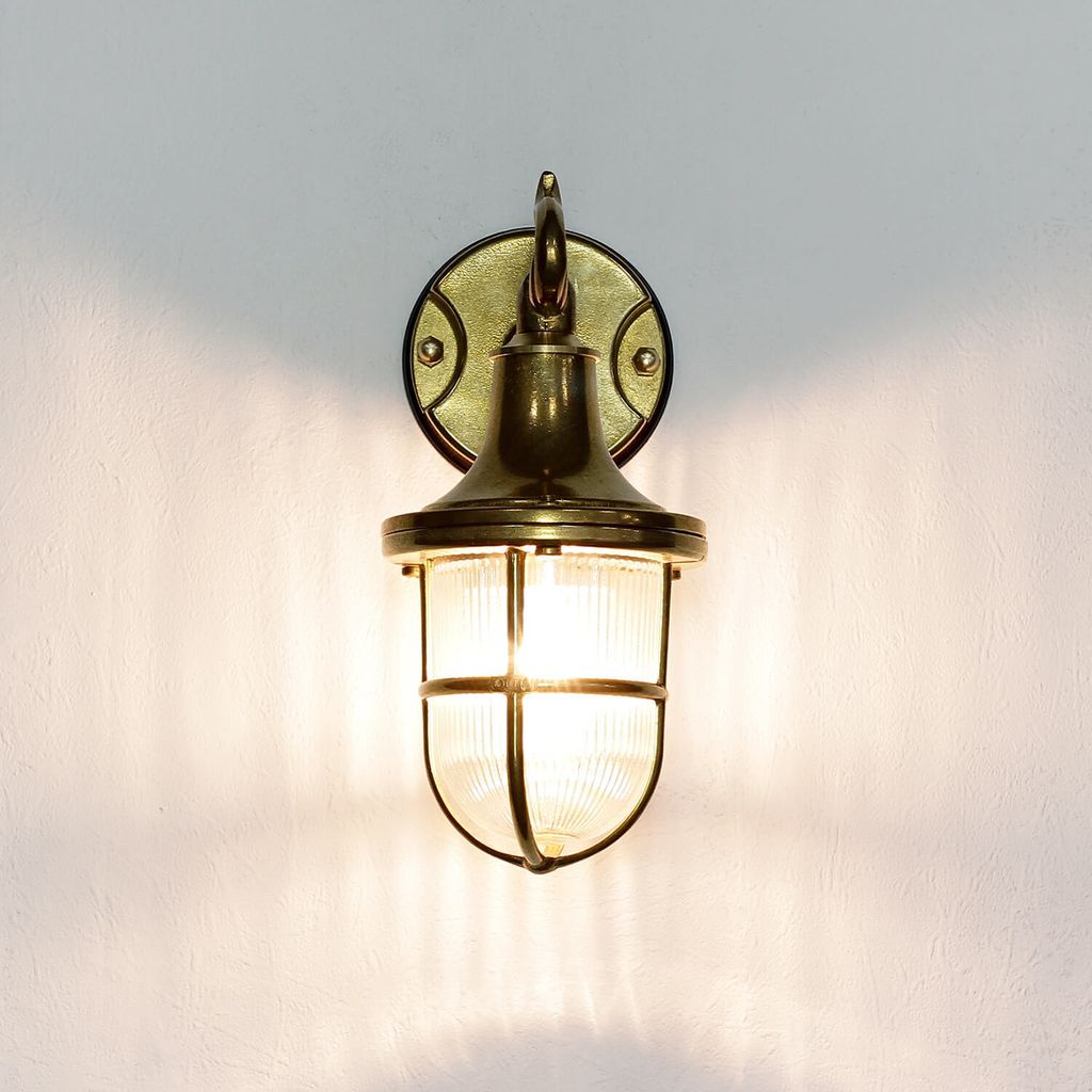 Premium Außenwandleuchte Messing echt rostfrei rustikal massiv Rillenglas Käfigschirm Wandlampe Terrasse Hauswand