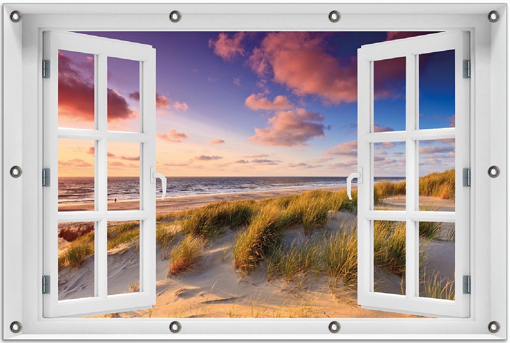Wallario Outdoor-Poster für Garten oder Balkon 80 x 120 cm: Abendspaziergang am Strand - Sonnenuntergang über dem Meer