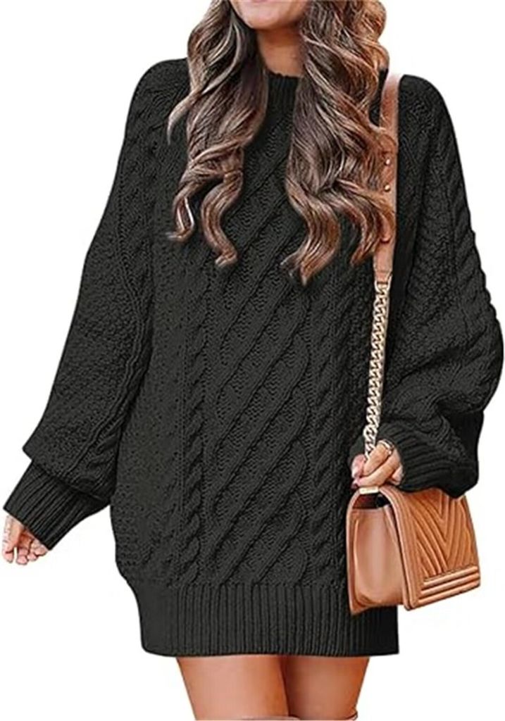 ASKSA Damen Pulloverkleid Rundhalsausschnitt Langarm Zopfmuster Rollkragen Chunky Pullover Kurze Pulloverkleider, Schwarz, L