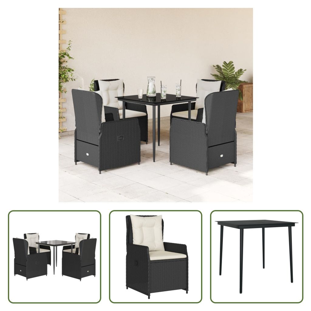 The Living Store 5-tlg. Garten-Essgruppe mit Kissen Schwarz Poly Rattan