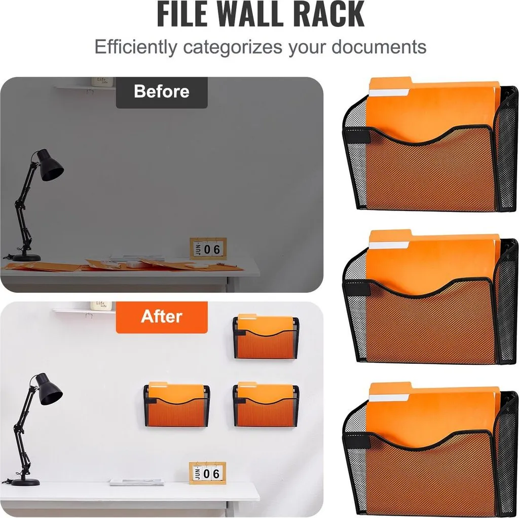 Rangement mural à dossiers 3 pièces, support en filet pour bureau