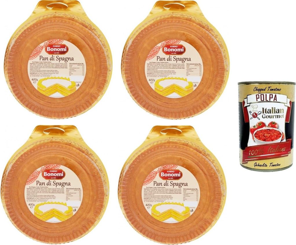 Forno Bonomi Pan Di Spagna Pronto da farcire tre strisce Füllfertiger Biskuitkuchen mit drei Streifen 4x 400gr + Italian gourmet polpa 400g