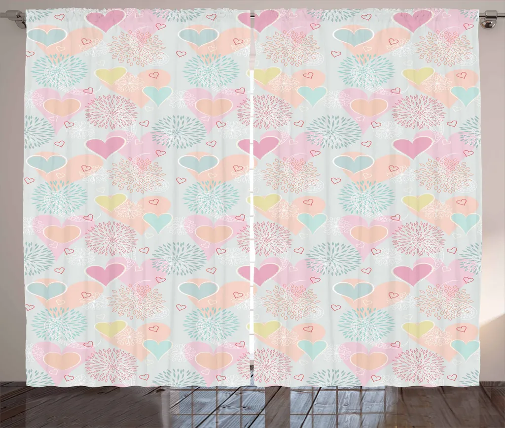 ABAKUHAUS Tenda rustica di San Valentino, cuori su vortici, tenda con passanti e ganci per camera