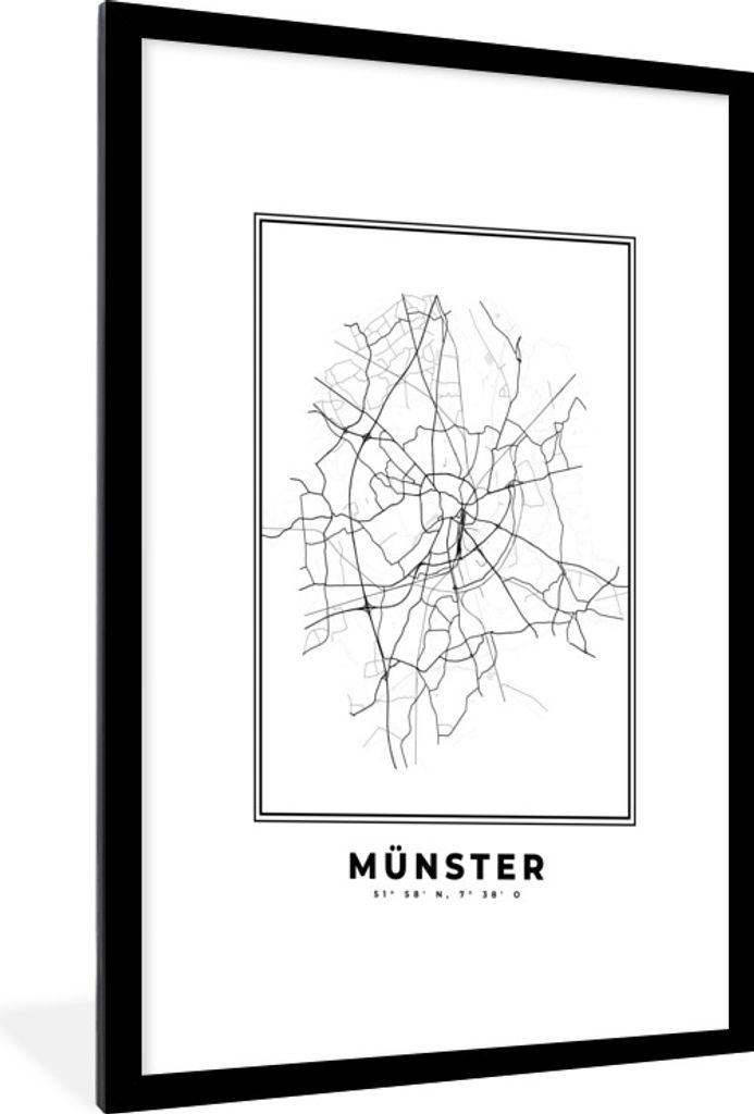 MuchoWow Gerahmtes Poster Karte - Münster - Schwarz-Weiß - Stadtplan 60x90 cm - Poster mit Schwarzem Bilderrahmen Wandposter Rahmen Foto Bilder...