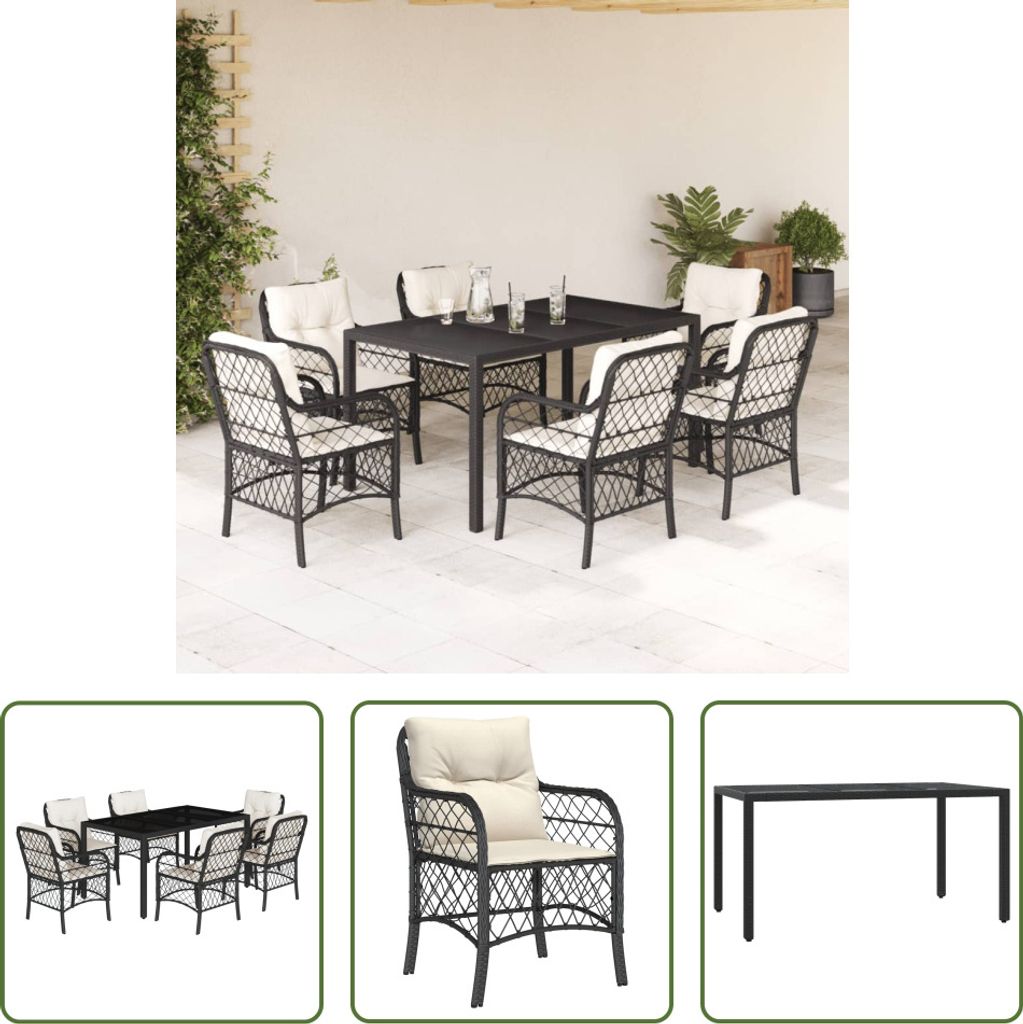 The Living Store 7-tlg. Garten-Essgruppe mit Kissen Schwarz Poly Rattan