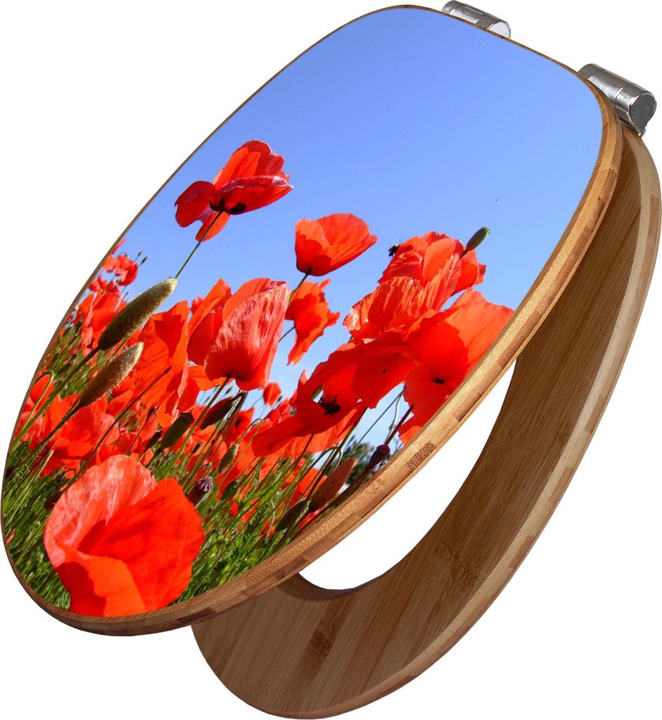 banjado Design WC Sitz Bambus Absenkautomatik -Mohnblumen - Toilettendeckel mit Absenkautomatik Holz/hochwertiger Bambus Klodeckel/WC-Sitz für all...