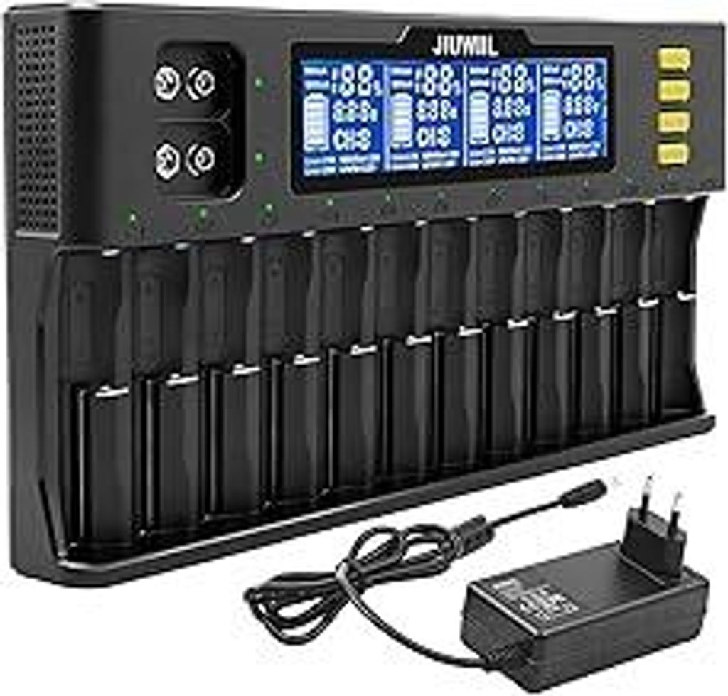 18650 Akku Ladegerät, JIUWIIL 12+2 Schacht Schnellladung Universal Akkuladegerät mit LCD-Display für Wiederaufladbare Akkus Li-Ion LiFePO4 26650...